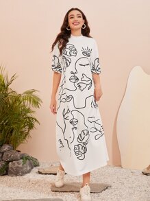 Seusyu Figure Graphic Mock Neck Dress - White - View 4