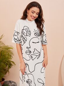 Seusyu Figure Graphic Mock Neck Dress - White - View 5