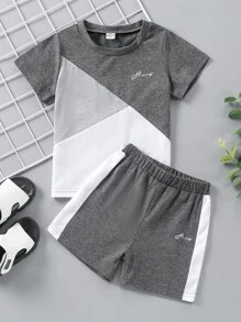 SHEIN Bộ thời trang bé trai Khối Màu Lá thư Thể thao - Nhiều màu - Xem 1