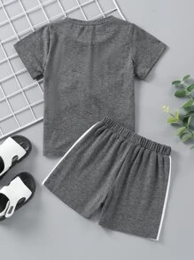 SHEIN Bộ thời trang bé trai Khối Màu Lá thư Thể thao - Nhiều màu - Xem 2