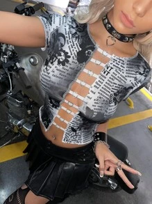 SHEIN ICON Newspaper Print Heart Rhinestone Cut Out Tee - Black and White - View 1