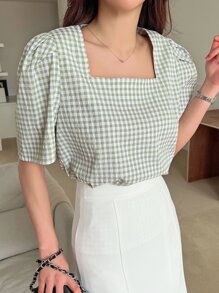 DAZY Gingham Square Neck Puff Sleeve Blouse - Multicolor - View 4