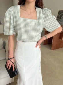 DAZY Gingham Square Neck Puff Sleeve Blouse - Multicolor - View 6