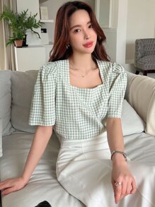 DAZY Gingham Square Neck Puff Sleeve Blouse - Multicolor - View 7