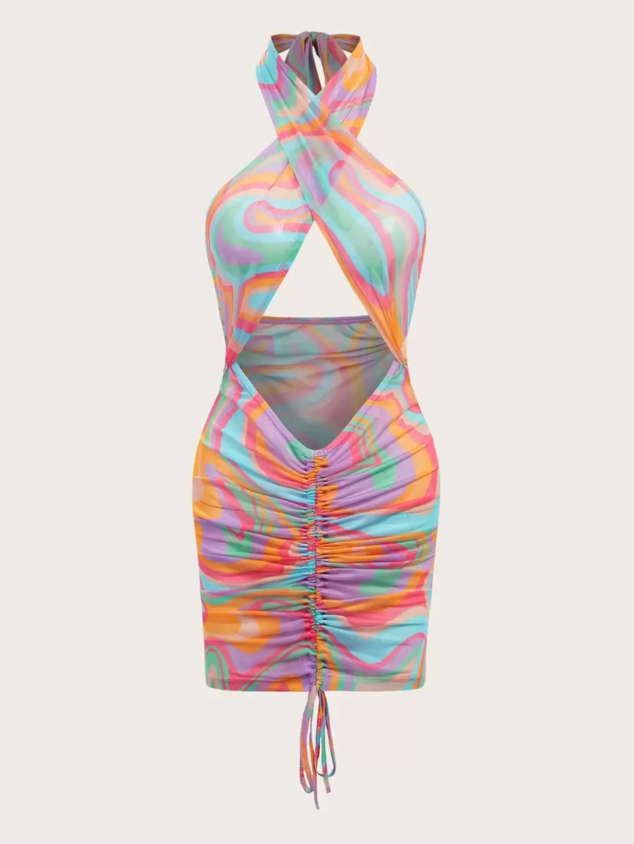 SHEIN 90s Allover Print Drawstring Ruched Cutout Halterneck Dress - Multicolor - View 1