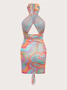 SHEIN 90s Allover Print Drawstring Ruched Cutout Halterneck Dress - Multicolor - View 2