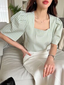 DAZY Gingham Square Neck Puff Sleeve Blouse - Multicolor - View 8