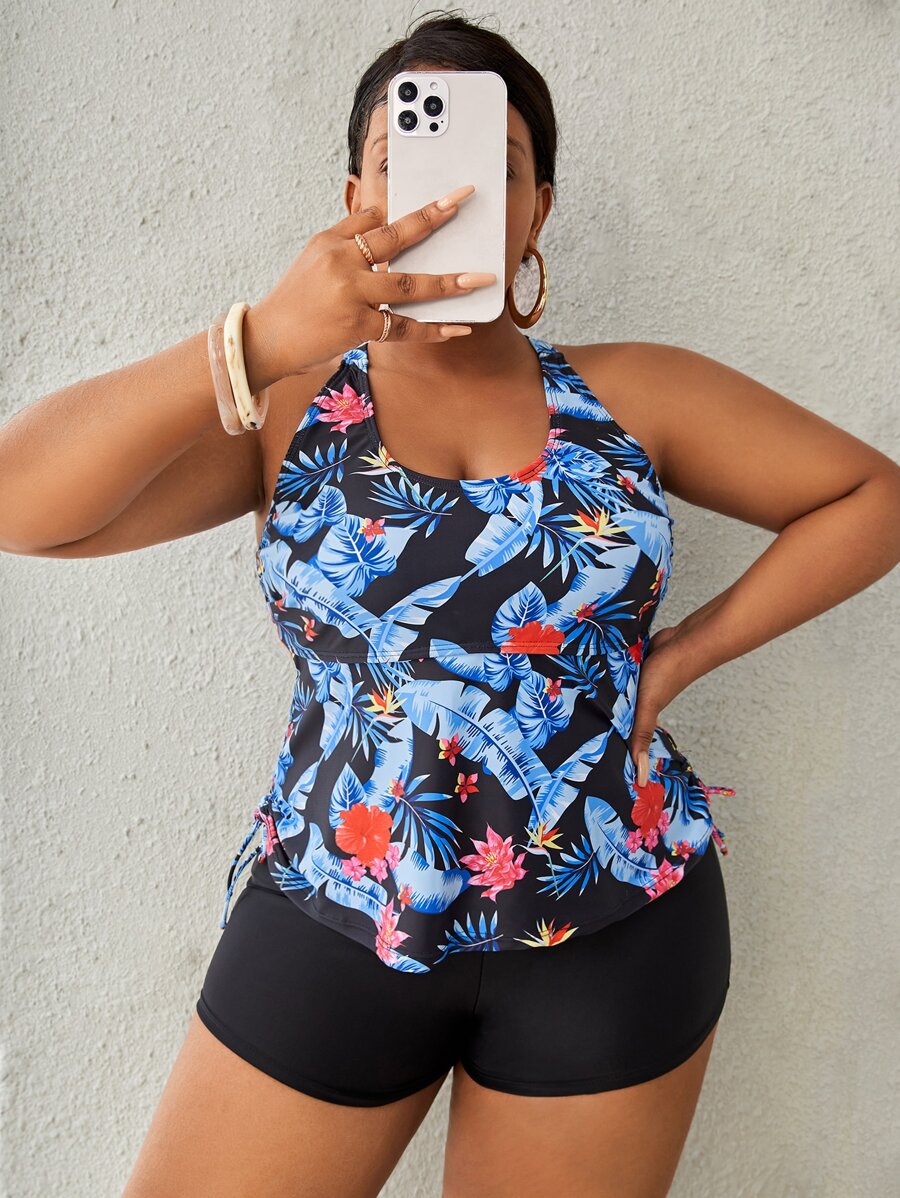 Swim Lushoire Conjunto de tankini de talla grande con estampado tropical para playa de verano, parte superior de tirantes cruzados y pantalón corto con cordón lateral, conjunto de 2 piezas de traje de baño - Multicolor - Ver 1