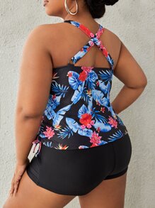 Swim Lushoire Conjunto de tankini de talla grande con estampado tropical para playa de verano, parte superior de tirantes cruzados y pantalón corto con cordón lateral, conjunto de 2 piezas de traje de baño - Multicolor - Ver 2