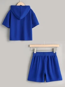 SHEIN 青少年男孩實心帽T恤和短跑褲 - 藍色 - 查看 7