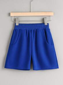 SHEIN 青少年男孩實心帽T恤和短跑褲 - 藍色 - 查看 4