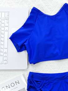 夏日沙灘系帶束口比基尼泳衣 - 寶藍色 - 查看 3