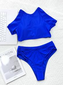 夏日沙灘系帶束口比基尼泳衣 - 寶藍色 - 查看 4
