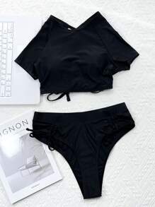 SHEIN Swim Conjunto de bikini unicolor Camiseta de manga corta con cordones en la espalda y traje de baño de 2 piezas con parte inferior de talle alto con cordón - Negro - Ver 3