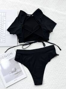 SHEIN Swim Conjunto de bikini unicolor Camiseta de manga corta con cordones en la espalda y traje de baño de 2 piezas con parte inferior de talle alto con cordón - Negro - Ver 5