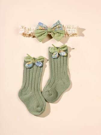 2pcs Baby Hair Accessory And Sock Set, Suitable For Daily Wear