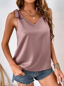 SHEIN Unity 肩部蝴蝶結緞面襯衫 - 藕粉色 - 查看 5
