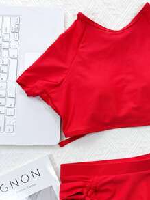 SHEIN Swim 夏季海灘系帶後背高腰比基尼 - 紅色 - 查看 3