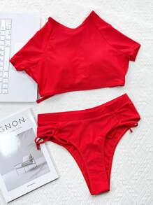 SHEIN Swim 夏季海灘系帶後背高腰比基尼 - 紅色 - 查看 4