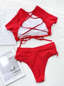 SHEIN Swim 夏季海灘系帶後背高腰比基尼 - 紅色 - 查看 5