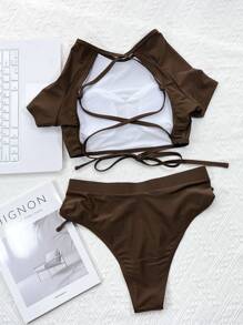 Criss Cross Drawstring Bikini Set, For Summer Beach Vacation - Chocolate Brown - View 2
