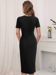 荷葉邊細節交叉圍裹洋裝 - 黑色 - 查看 2