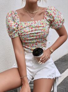 Ditsy Floral Square Neck Puff Sleeve Blouse - Multicolor - View 1