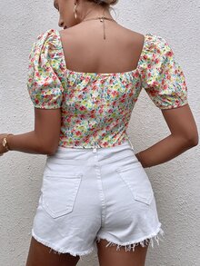 Ditsy Floral Square Neck Puff Sleeve Blouse - Multicolor - View 2