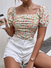Ditsy Floral Square Neck Puff Sleeve Blouse - Multicolor - View 3