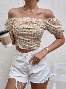 Ditsy Floral Square Neck Puff Sleeve Blouse - Multicolor - View 4