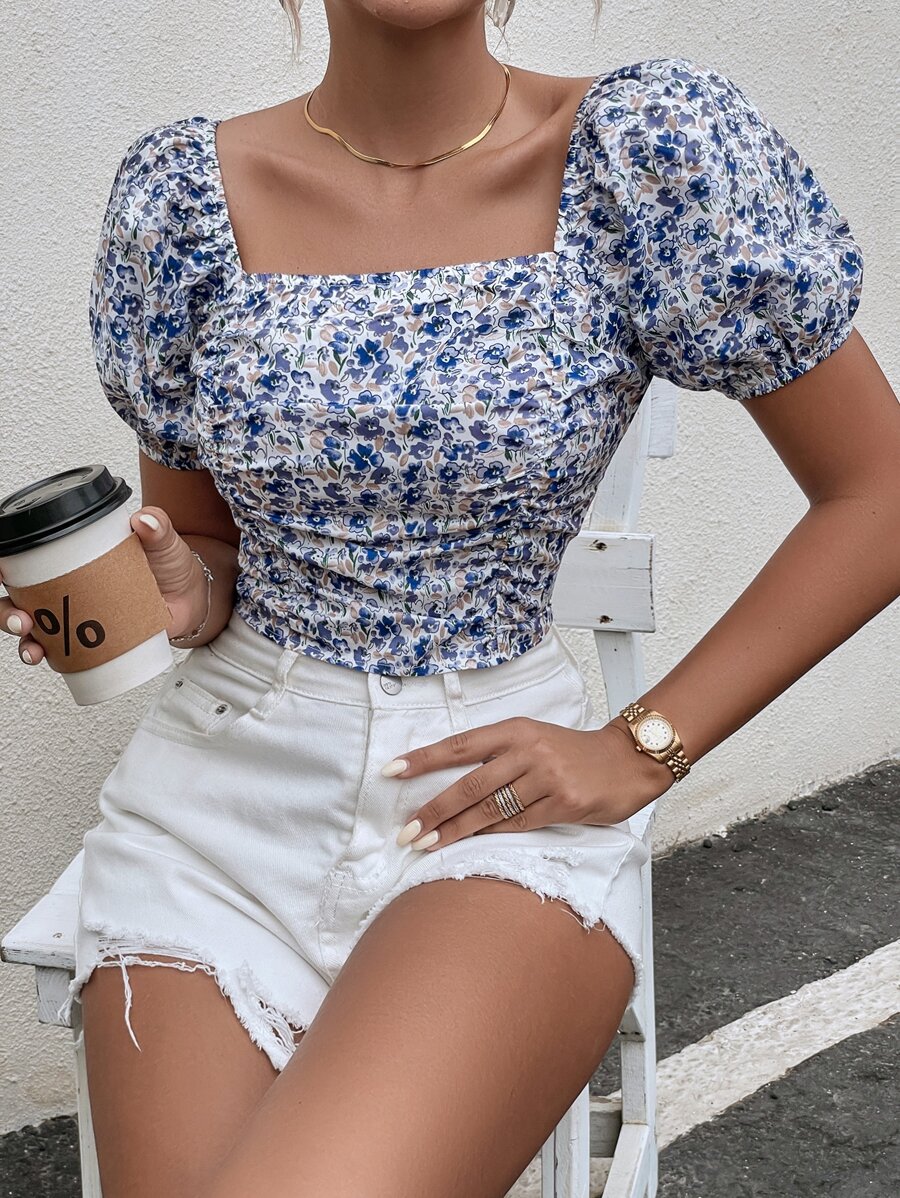 Chiquease 小碎花方形領泡泡袖襯衫 - 彩色 - 查看 1