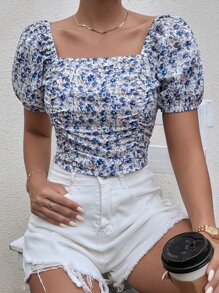 Chiquease 小碎花方形領泡泡袖襯衫 - 彩色 - 查看 4