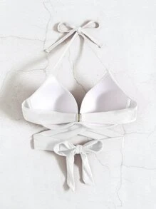 SHEIN Swim Áo Tops Bikini Nữ Thắt nút Trọn gói màu trơn Gợi cảm - trắng - Xem 3
