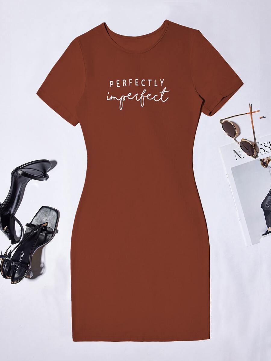 SHEIN Unity Letter Graphic Bodycon Dress - Rust Brown - View 1
