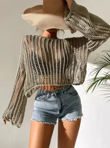 Breezaya Open Knit Bell Sleeve Sheer Jumper Without Bra