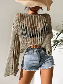 Breezaya Open Knit Bell Sleeve Sheer Jumper Without Bra