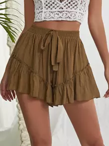 Ruffle Hem Tie Waist Shorts - Brown - View 3