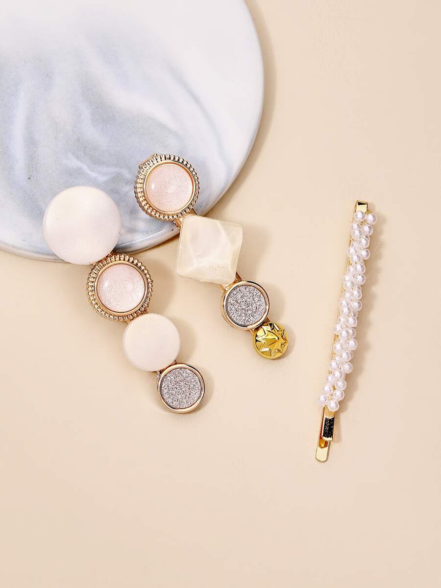 3入組珍珠和幾何裝飾髮夾 - 彩色 - 查看 1