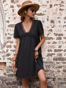 SHEIN Unity Solid Contrast Lace Trim Smock Dress - Black - View 3