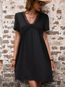 SHEIN Unity Solid Contrast Lace Trim Smock Dress - Black - View 5