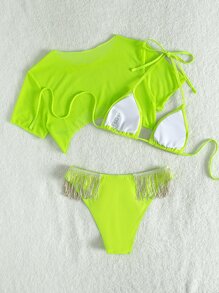 Star Print Rhinestone Studded Bikini With Cover Up - Lime Green - View 2