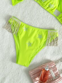Star Print Rhinestone Studded Bikini With Cover Up - Lime Green - View 4