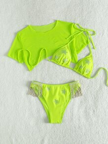 Star Print Rhinestone Studded Bikini With Cover Up - Lime Green - View 7