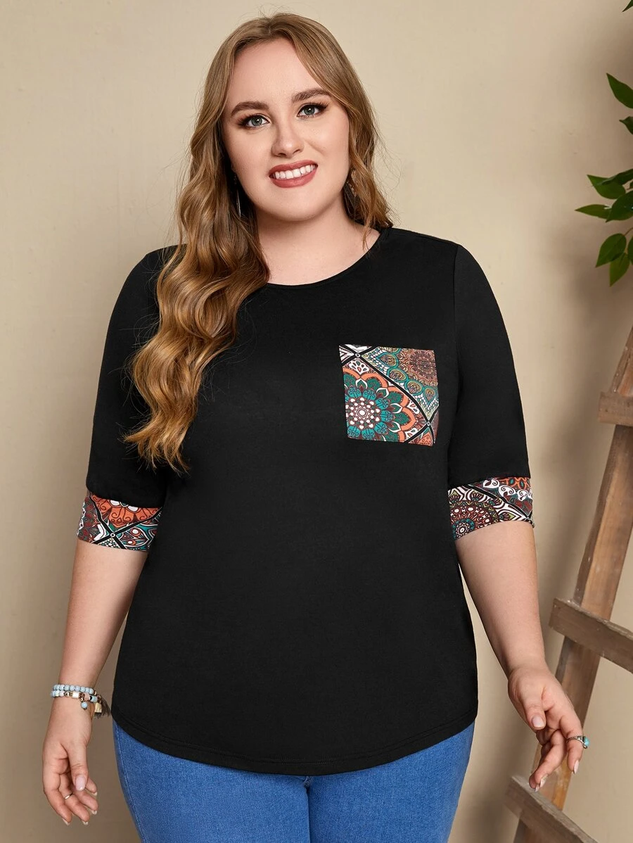 EMERY ROSE Áo thun Plus size Túi Tương phản ràng buộc Hoa Bộ lạc Giải trí - màu đen - Xem 1