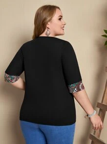 EMERY ROSE Áo thun Plus size Túi Tương phản ràng buộc Hoa Bộ lạc Giải trí - màu đen - Xem 2