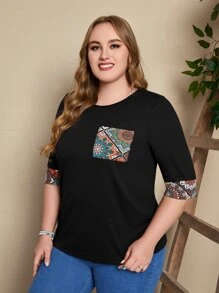 EMERY ROSE Áo thun Plus size Túi Tương phản ràng buộc Hoa Bộ lạc Giải trí - màu đen - Xem 3