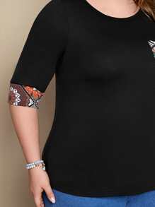 EMERY ROSE Áo thun Plus size Túi Tương phản ràng buộc Hoa Bộ lạc Giải trí - màu đen - Xem 4