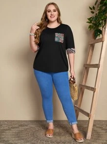 EMERY ROSE Áo thun Plus size Túi Tương phản ràng buộc Hoa Bộ lạc Giải trí - màu đen - Xem 5