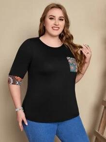 EMERY ROSE Áo thun Plus size Túi Tương phản ràng buộc Hoa Bộ lạc Giải trí - màu đen - Xem 6