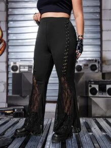 ROMWE PUNK Plus Lace Up Front Contrast Lace Flare Leg Pants - Black - View 3